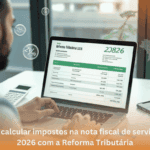 Empresário calculando impostos de nota fiscal de serviço em notebook com gráficos e legislação ao fundo